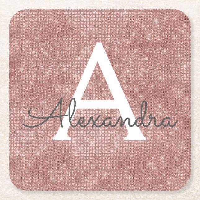Pink Rose Gold Girly Sparkle Monogram Birthday Square Paper Coaster (Front)