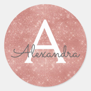 Pink Rose Gold Girly Sparkle Monogram Classic Round Sticker