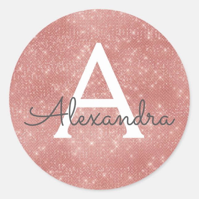 Pink Rose Gold Girly Sparkle Monogram Classic Round Sticker (Front)
