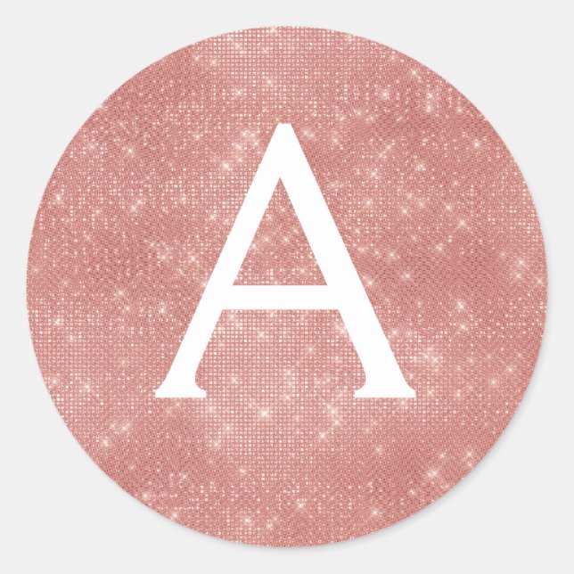 Pink Rose Gold Girly Sparkle Monogram Classic Round Sticker (Front)
