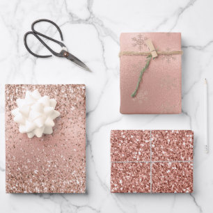 Pink Rose Gold Glam Glitter Snowflake Wrapping Paper Sheet