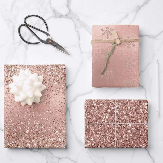 Pink Rose Gold Glam Glitter Snowflake   Wrapping Paper Sheet (Front)