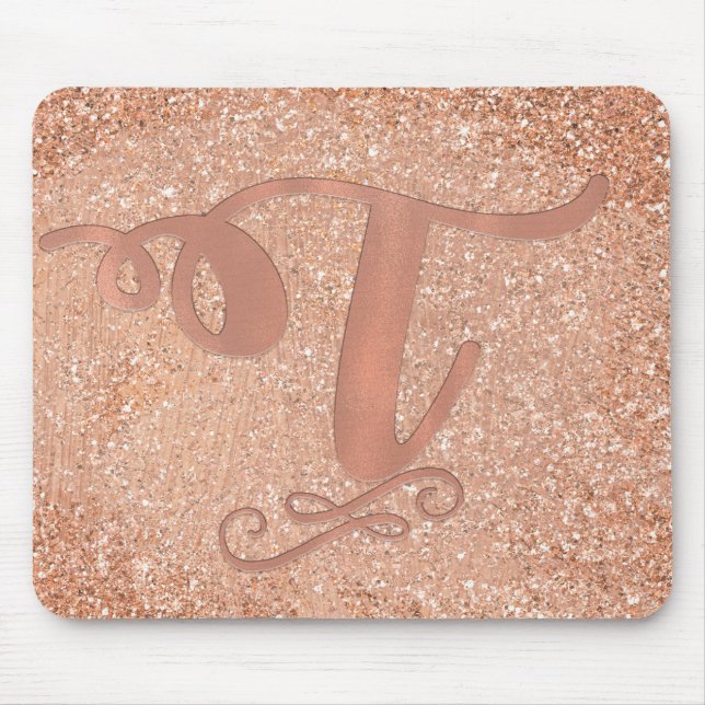 Pink Rose Gold Glam Initial Name Letter T Custom Mouse Mat (Front)