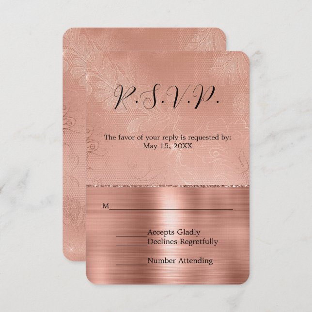 Pink Rose Gold Glam Lace Wedding RSVP (Front/Back)