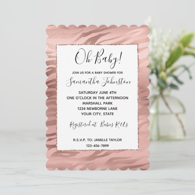 Pink Rose Gold Glam Zebra Animal  Invitation (Standing Front)