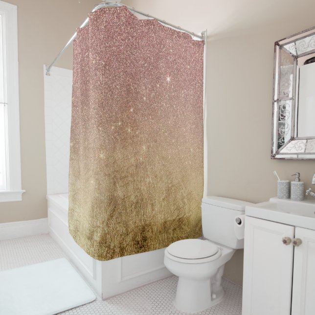 Pink Rose Gold Glitter and Gold Foil Mesh Shower Curtain (In Situ)