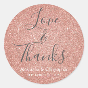 Pink Rose Gold Glitter and Sparkle Love & Thanks Classic Round Sticker