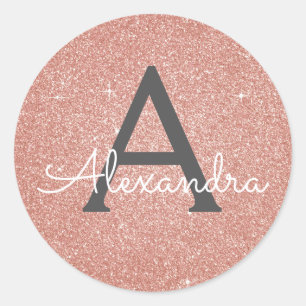 Pink Rose Gold Glitter and Sparkle Monogram Classic Round Sticker
