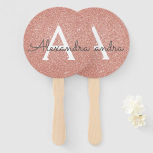 Pink Rose Gold Glitter and Sparkle Monogram Hand Fan