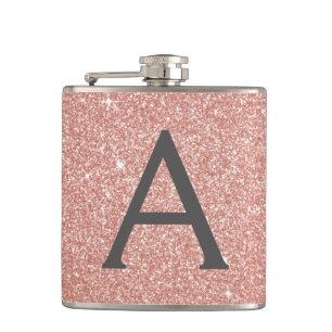 Pink Rose Gold Glitter and Sparkle Monogram Hip Flask