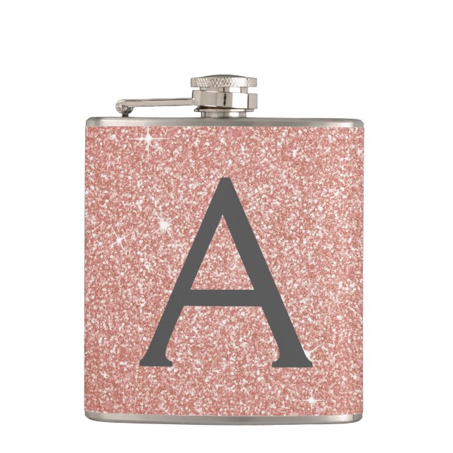 Pink Rose Gold Glitter and Sparkle Monogram Hip Flask (Front)