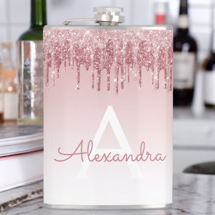 Pink Rose Gold Glitter and Sparkle Monogram Hip Flask
