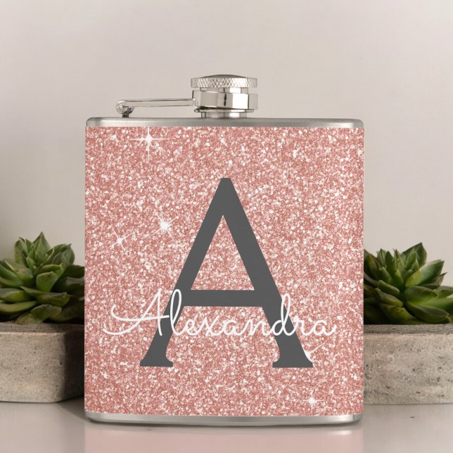 Pink Rose Gold Glitter and Sparkle Monogram Hip Flask (Creator Uploaded)