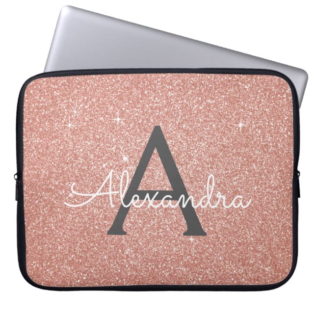 Pink Rose Gold Glitter and Sparkle Monogram Laptop Sleeve (Front)