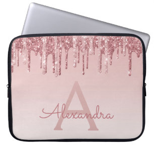 Pink Rose Gold Glitter and Sparkle Monogram Laptop Sleeve