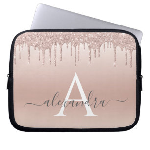Pink Rose Gold Glitter and Sparkle Monogram Laptop Sleeve