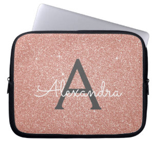 Pink Rose Gold Glitter and Sparkle Monogram Laptop Sleeve