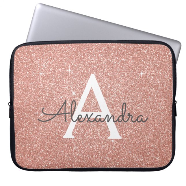 Pink Rose Gold Glitter and Sparkle Monogram Laptop Sleeve (Front)
