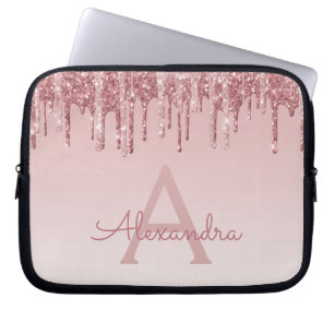 Pink Rose Gold Glitter and Sparkle Monogram Laptop Sleeve