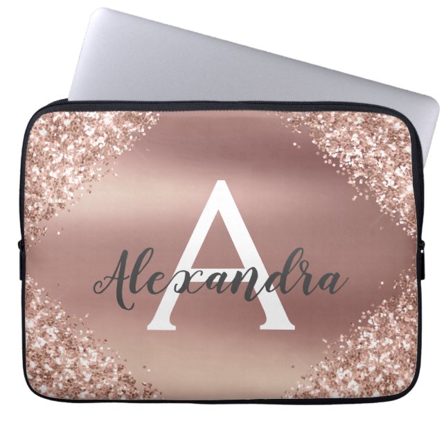 Pink Rose Gold Glitter and Sparkle Monogram Laptop Sleeve (Front)