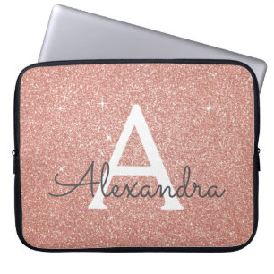 Pink Rose Gold Glitter and Sparkle Monogram Laptop Sleeve