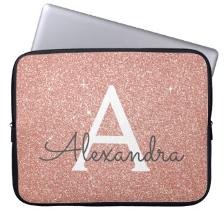 Pink Rose Gold Glitter and Sparkle Monogram Laptop Sleeve
