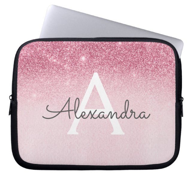Pink Rose Gold Glitter and Sparkle Monogram Laptop Sleeve (Front)