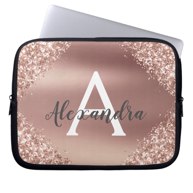 Pink Rose Gold Glitter and Sparkle Monogram Laptop Sleeve (Front)