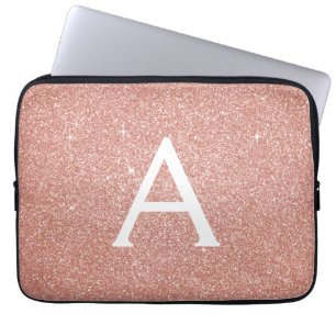 Pink Rose Gold Glitter and Sparkle Monogram Laptop Sleeve
