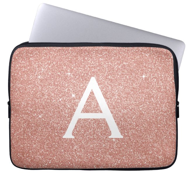 Pink Rose Gold Glitter and Sparkle Monogram Laptop Sleeve (Front)