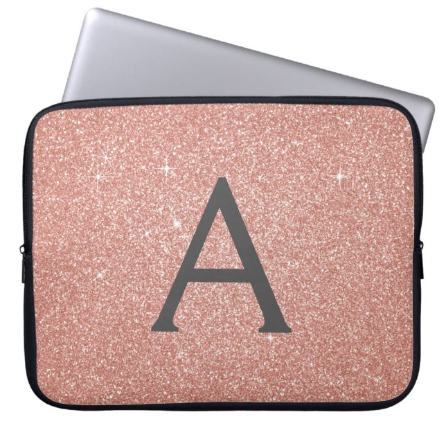 Pink Rose Gold Glitter and Sparkle Monogram Laptop Sleeve (Front)