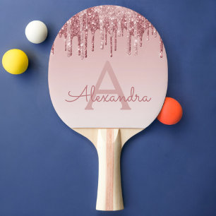 Pink Rose Gold Glitter and Sparkle Monogram Ping Pong Paddle