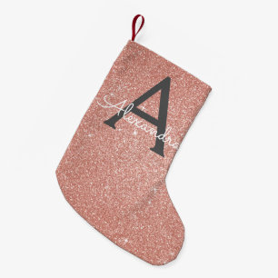 Pink Rose Gold Glitter and Sparkle Monogram Small Christmas Stocking