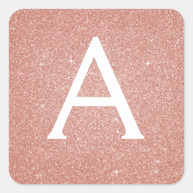 Pink Rose Gold Glitter and Sparkle Monogram Square Sticker (Front)