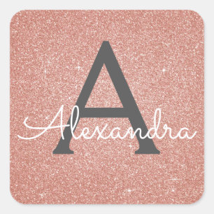Pink Rose Gold Glitter and Sparkle Monogram Square Sticker