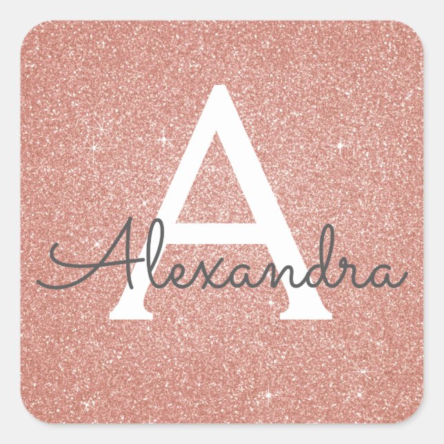 Pink Rose Gold Glitter and Sparkle Monogram Square Sticker (Front)