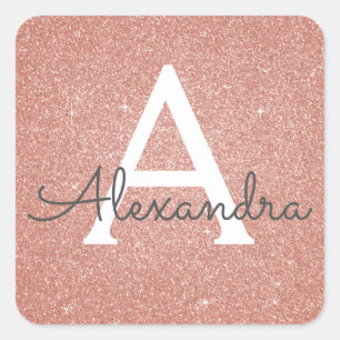 Pink Rose Gold Glitter and Sparkle Monogram Square Sticker