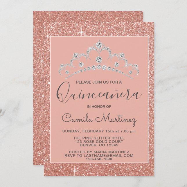 Pink - Rose Gold Glitter and Sparkle Quinceanera Invitation (Front/Back)