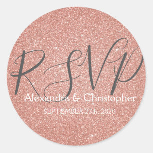 Pink Rose Gold Glitter and Sparkle RSVP Classic Round Sticker