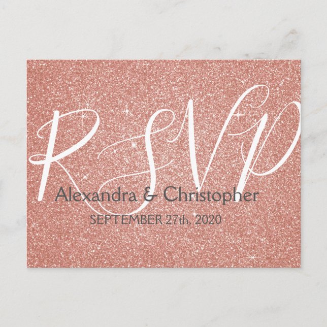 Pink Rose Gold Glitter and Sparkle RSVP Invitation Postcard (Front)