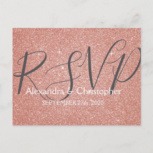 Pink Rose Gold Glitter and Sparkle RSVP Invitation Postcard (Front)