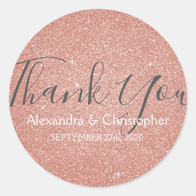 Pink Rose Gold Glitter and Sparkle Thank You Classic Round Sticker (Front)