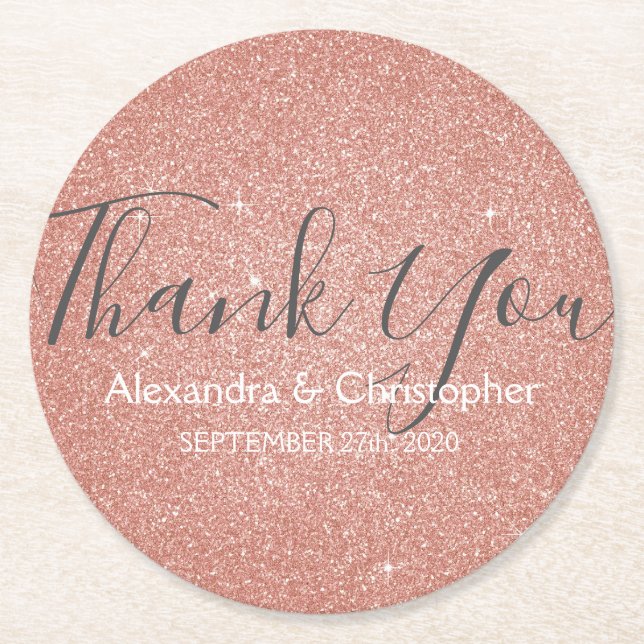 Pink Rose Gold Glitter and Sparkle Thank You Round Paper Coaster (Front)