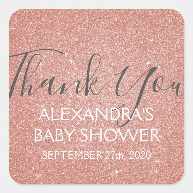 Pink Rose Gold Glitter and Sparkle Thank You Square Sticker (Front)
