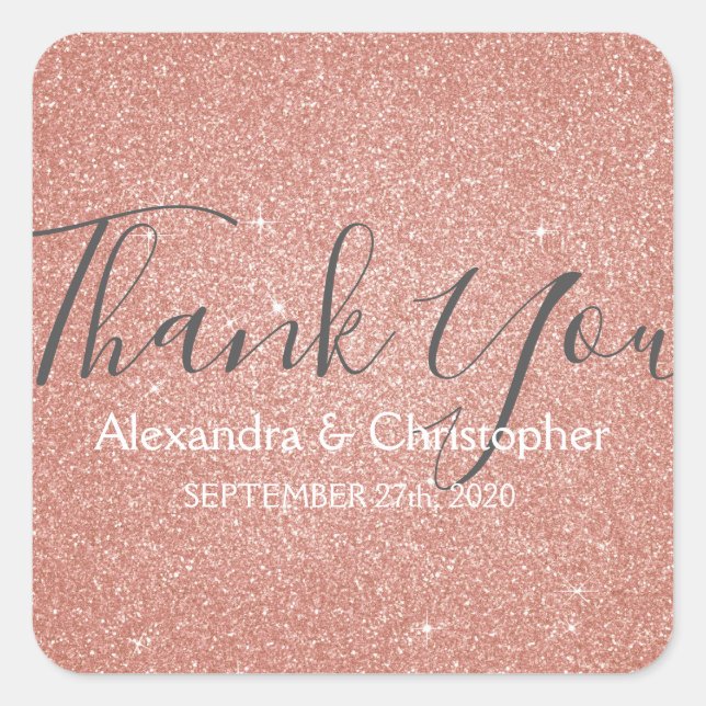 Pink Rose Gold Glitter and Sparkle Thank You Square Sticker (Front)