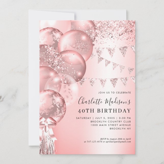 Pink Rose Gold Glitter Balloon Any Age Birthday Invitation (Front)