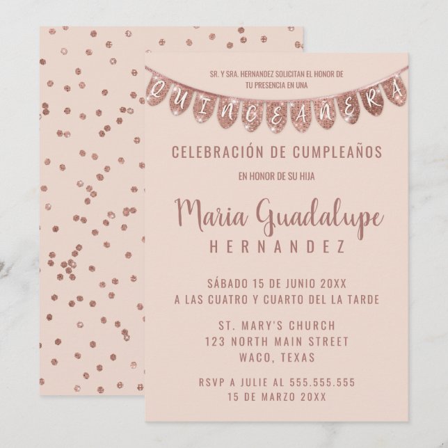 Pink Rose Gold Glitter Banner Español Quinceañera Invitation (Front/Back)