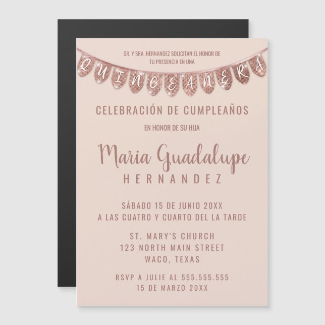 Pink Rose Gold Glitter Banner Español Quinceañera Magnetic Invitation (Front/Back)