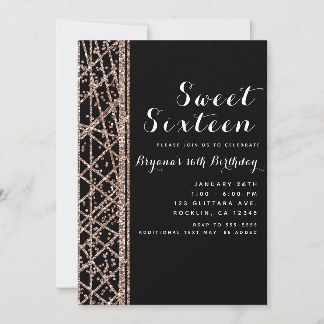 Pink Rose Gold Glitter & Black Glam Birthday Party Invitation (Front)