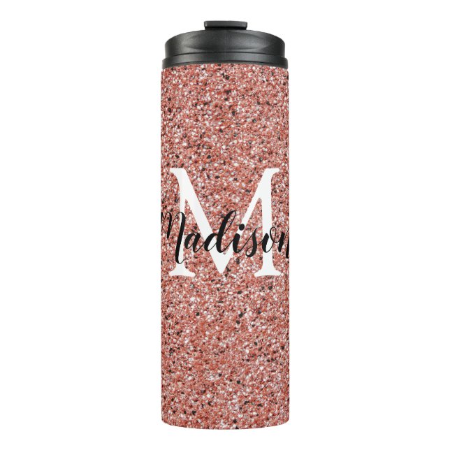 Pink Rose Gold Glitter Chic Monogram Name Thermal Tumbler (Front)